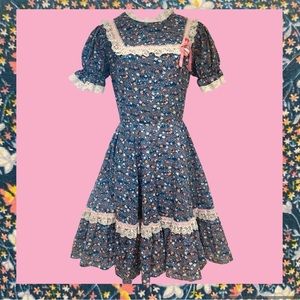 1980s Vintage Jeri Bee Teal Blue Floral Square Dancing Dress w/ Circle Skirt